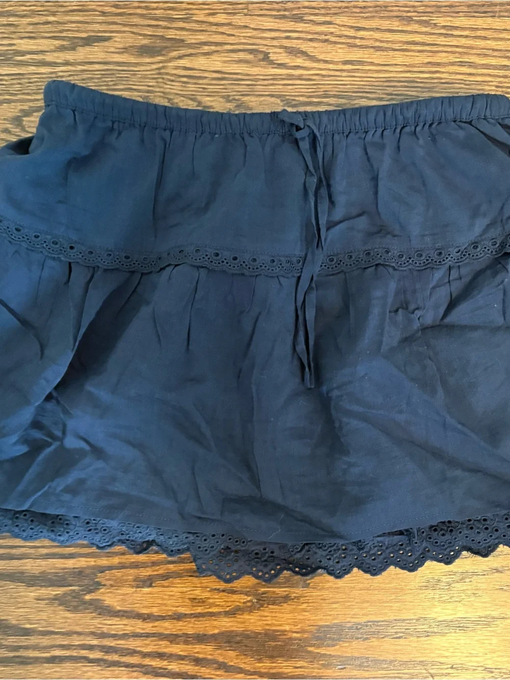 Reformation Navy Eyelet Cap-Sleeve Button Down Top and Matching Skirt Set